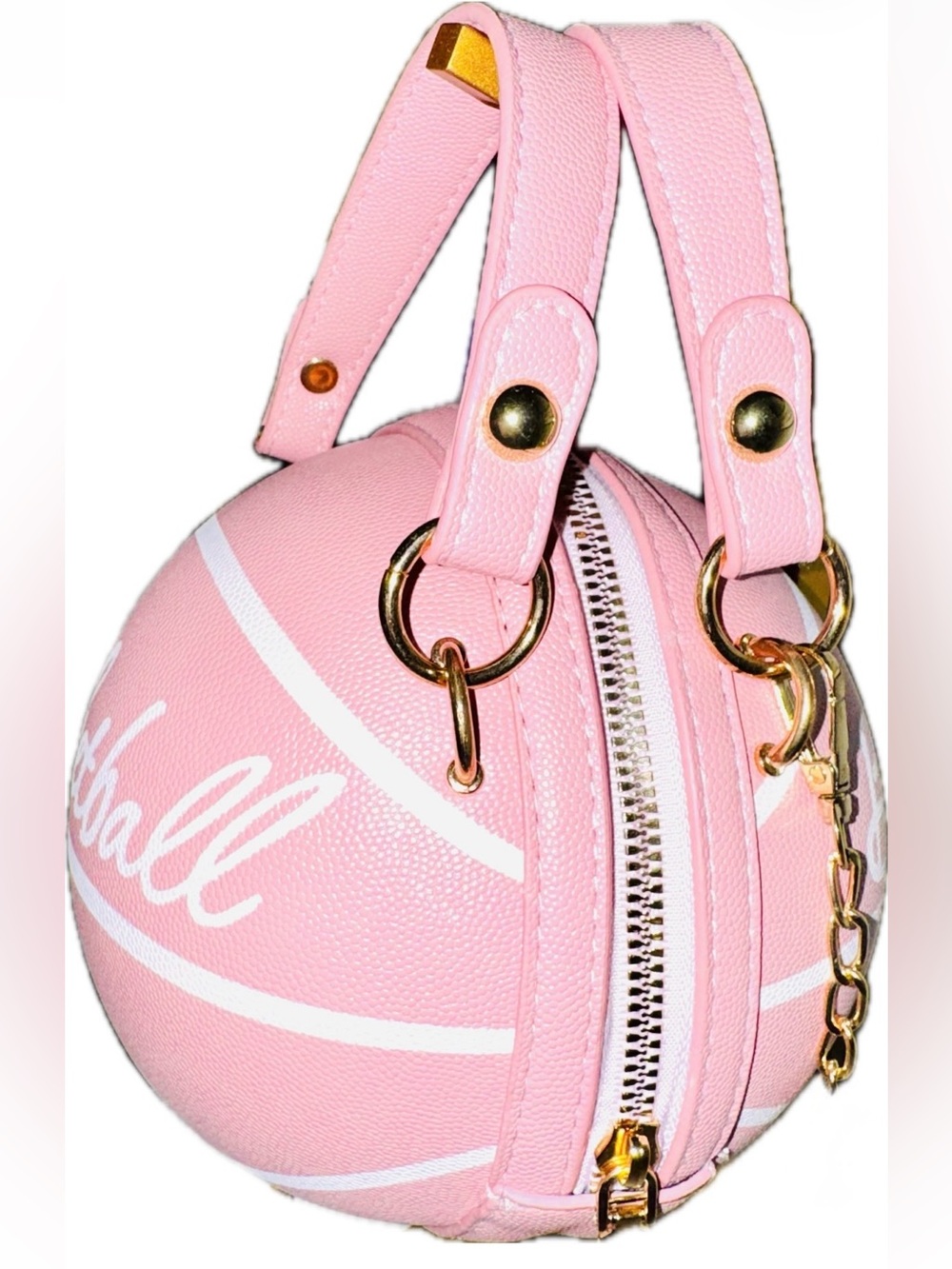 NEW Pink Faux Leather Basketball Crossbody Bag w Double Handle Drop & Gold Chain - Picture 7 of 16